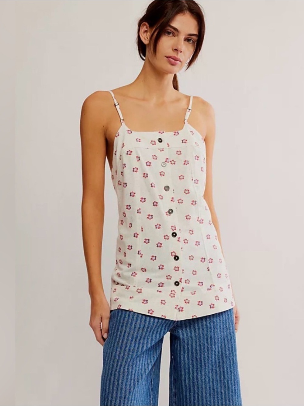FREE PEOPLE Maddie Tunic Tank in Ivory w/ Red Flowers, NWOT, size XS